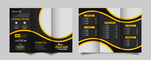 Wall Mural - Food trifold brochure menu template. fast food menu brochure for restaurant with black and yellow color