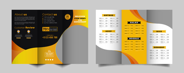 Wall Mural - Food trifold brochure menu template. fast food menu brochure for restaurant with black and yellow color