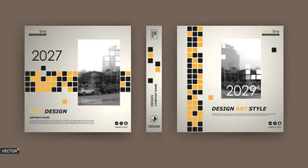 Wall Mural - Abstract patch brochure cover design. Black info data banner frame. Techno title sheet model set. Modern vector front page art. Urban city blurb texture.Yellow citation figure icon. Ad flyer text font