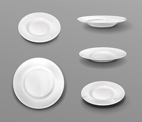 Wall Mural - White plates, realistic 3d ceramic dishes top and side view collection. Empty bowls for food, tableware cutlery, dinner porcelain mockup vector illustration, icons set isolated on grey background