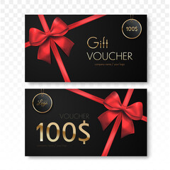 Wall Mural - gift voucher with red ribbon and bow. discount gift cards template. vector illustration