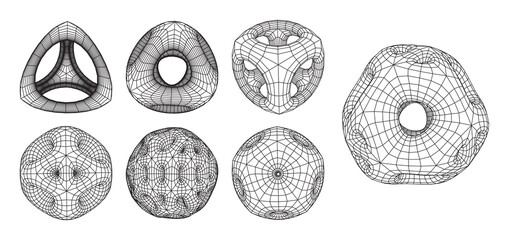 Aufkleber - Set of abstract 3d wireframe shapes or elements with smooth corners and holes. Scientific and geometric abstraction with deformed plationic forms