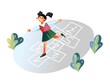 © backup_studio - Kid playing hopscotch game outside. Happy girl hopping at playground. Fun active outdoor activity vector illustration. Numbers in chalk on pavement
