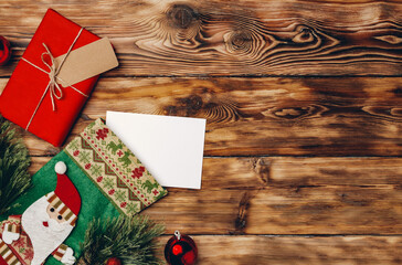 Wall Mural - Beautiful wrapped Christmas gifts on wooden background