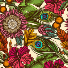 Seamless Pattern With Hand Drawn Colored Banana Palm Leaves, Hibiscus, Solanum, Bromeliad, Peacock Feathers, Protea