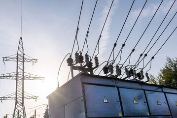 Electric power transmission lines. High voltage switchgear and equipment of power plant.