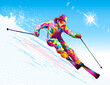 Alpine skier skiing down a snowy slope. A male skier goes down on skis against the backdrop of the sky and the sun. Alpine skier on a snowy slope