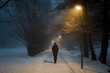Young adult woman alone slowly walking on sidewalk under yellow street lights in mist. Foggy air. Peaceful atmosphere in snowy night. Back view.