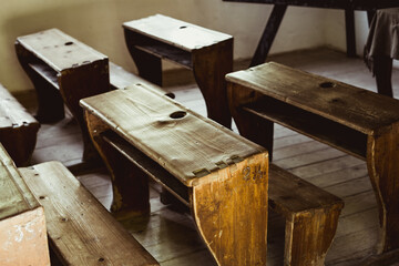old wooden school benches, close view