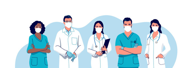 Wall Mural - Medical staff. Doctors and nurses wearing a surgical face mask, male and female medical characters set. Vector illustration.