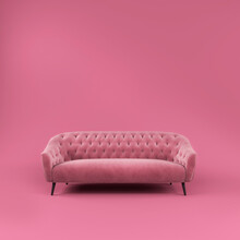 Fashionable Comfortable Stylish Pink Fabric Sofa With Black Legs On Pink Background With Shadow. Pink Interior, Showroom, Single Piece Of Furniture. Vilyura, Velvet Sofa. Luxury Couch Front View