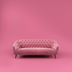 Fashionable comfortable stylish pink fabric sofa with black legs on pink background with shadow. Pink interior, showroom, single piece of furniture. Vilyura, velvet sofa. Luxury couch front view