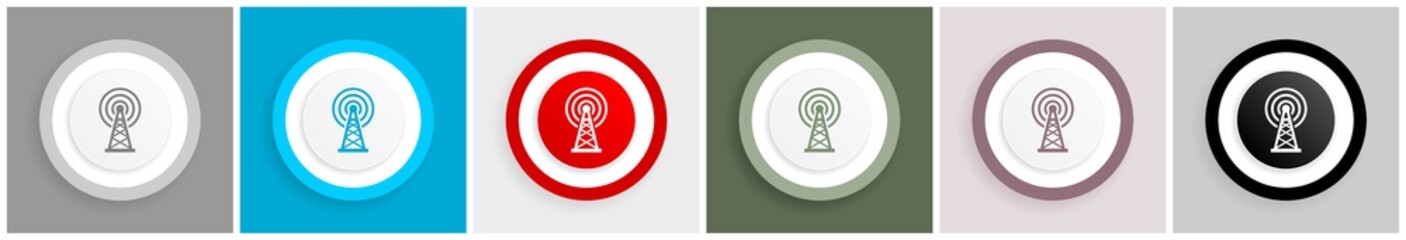 Aufkleber - Antenna, wireles communication icon set, colorful flat design vector illustrations in 6 options for web design and mobile applications