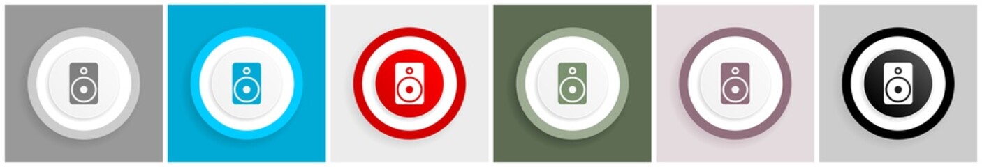 Aufkleber - Music speaker, loudspeaker icon set, colorful flat design vector illustrations in 6 options for web design and mobile applications