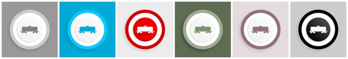 Poster - Fuel cistern wagon, train icon set, colorful flat design vector illustrations in 6 options for web design and mobile applications