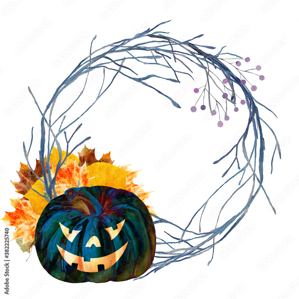Watercolor halloween wreath with pumpkins. spider and bat motives ...