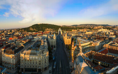 Wall Mural - amazing aerial panoramic cityscape about Budapestdowntown. Ferenciek square in the foreground.