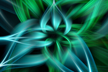Poster - Abstract Twisted Light Fibers. Anime Effects Background Overlay Blend. Modern Fractal Floral Leaf Design Fantasy Majestic Background. Illuminated blue and green Light Painting. Digital Wallpaper