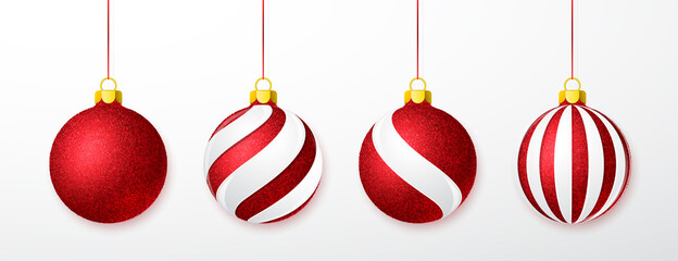 Wall Mural - red shiny glitter glowing and transparent christmas balls. xmas glass ball. holiday decoration templ