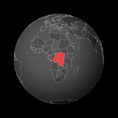 Dark globe centered on DR Congo. Country highlighted with red color on world map. Satellite world projection. Cool vector illustration.