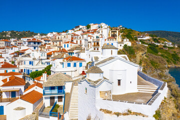 view of town and port at the island skopelos, northern sporades, greece