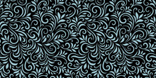 Vector Seamless Pattern With Leaves And Curls. Monochrome Abstract Floral Background. Stylish Monochrome Texture.