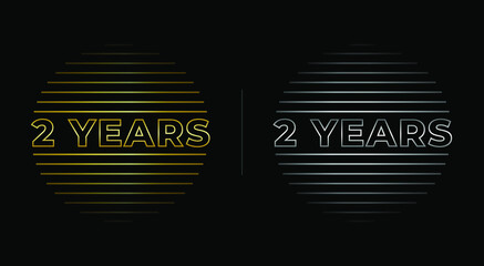 2nd anniversary. Two years birthday celebration banner in golden and silver colors. Fine lines concept.