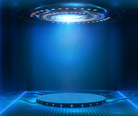 Poster - Futuristic pedestal for product presentation. Fantastic circle HUD,GUI,UI interface screen design.Blank display, stage or podium for show product in futuristic cyberpunk style.Technology demonstration