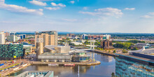 View Of Salford Quays Looking Towards The Lowry Theatre And Old Trafford, Manchester, Greater Manchester