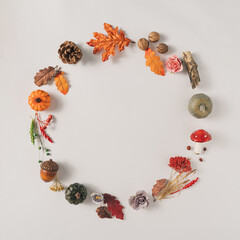 Poster - Creative copy space. Fall seasonal layout with autumn fruits and leaves. Nature flat lay.