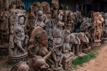 Several stone sculptures on display in Bhubaneswar, Odisha, India