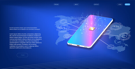 Poster - Smartphone perspective view. Template for infographics or presentation UI design interface. vector  3d isometric illustration cell phone Central Computer Processors CPU concept.Digital chip