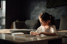 Cute Little Girl Doing Homework At Home