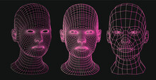 Low Poly 3D Head, Human Face Structure Made Of Grid. Biometrics, Facial Recognition And Cyber Security Concept.
