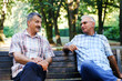 © Miljan Živković - Front view on two caucasian senior men sitting on the bench in summer or autumn day talking - Male friends in park social distance concept