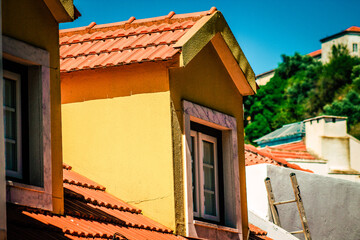 View of the facade of a building in the downtown of Lisbon in Portugal
