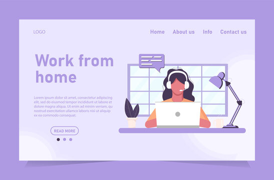 Concept for website template and work from home banner. Girl freelancer in headphones at a laptop works from home office chat customer support, training. Graphics in a flat style in blue colors