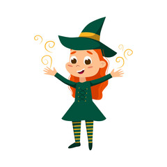 Canvas Print - Little Witch Practicing Witchcraft, Cute Girl Wearing Green Dress and Hat Cartoon Style Vector Illustration