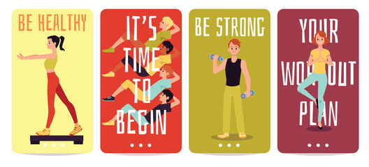 Wall Mural - People train and do exercises at home a set of vector cards with inscriptions