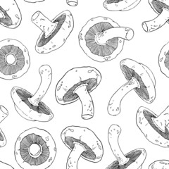 Shiitake mushrooms seamless pattern. Mushrooms repeat pattern. Black and white background vector illustration. For surface design, poster, background, web design