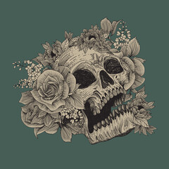 Sticker - Skull with flora ornament. Halloween concept. Dark tattoo
