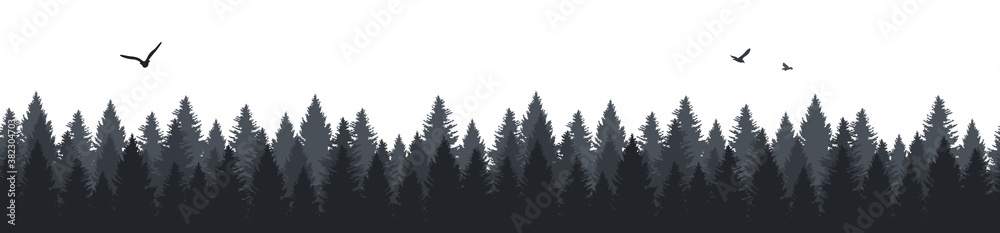 Forest trees and flying birds silhouette seamless pattern background illustration - obrazy, fototapety, plakaty 