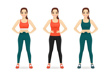 Wall Mural - Sport fitness woman in different sportswear set isolated vector illustration