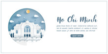 Ho Chi Minh City. Vietnam's World Famous Landmark With White Frame And Label. Travel Postcard And Poster, Brochure, Advertising Vector Illustration.