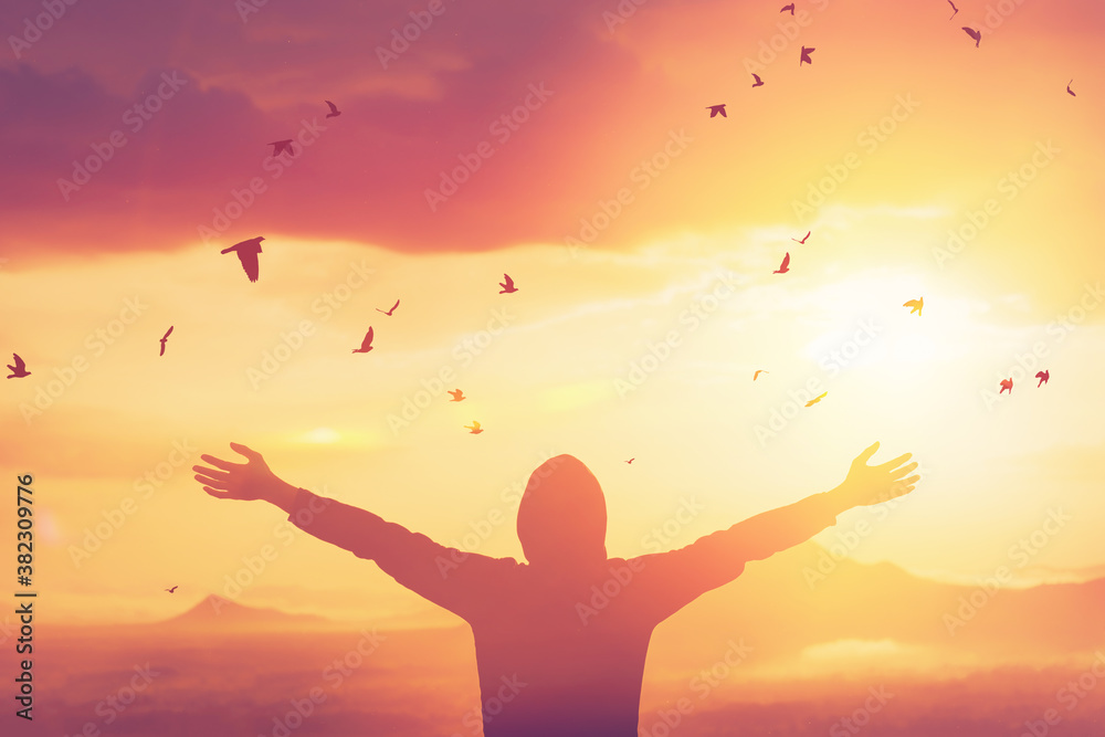 Freedom feel good and travel adventure concept. Copy space of silhouette man rising hands on sunset sky at top of mountain and bird fly abstract background. - obrazy, fototapety, plakaty 