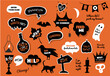Happy Halloween. Speech bubbles set with text. Trick or treat, party, boo, wow, help, zombies, blood, bite etc. Vector illustration. Halloween design elements, logos, badges, labels, icons, objects.