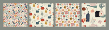 Set Of Vector Colorful Natural Seamless Patterns With Flowers, Fall Leaves And Fruits, Pear And Apple.