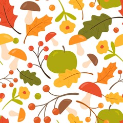 Poster - Colorful seamless pattern with oak leaves, mushrooms, apples, berries. Endless natural background with autumn foliage and flowers. Repeatable fall backdrop. Flat vector cartoon illustration