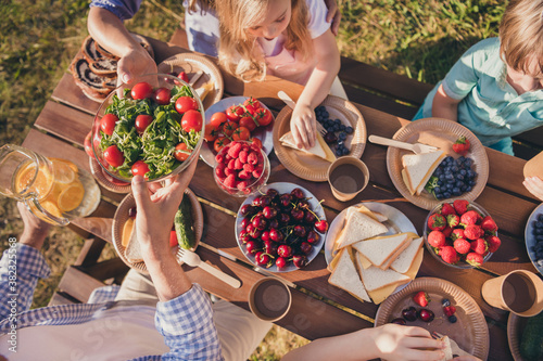 Top above high angle cropped photo full big family five people share hold dishes sandwiches fruits vegetable salad juice sit dinner table sunny day home green garden backyard outdoors