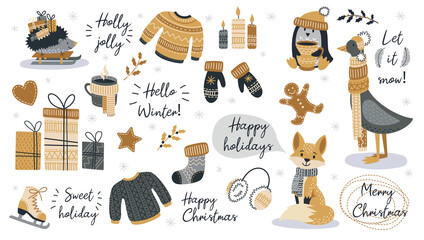 Set of modern hand drawn christmas animals and other isolated elements. Vector illustration.